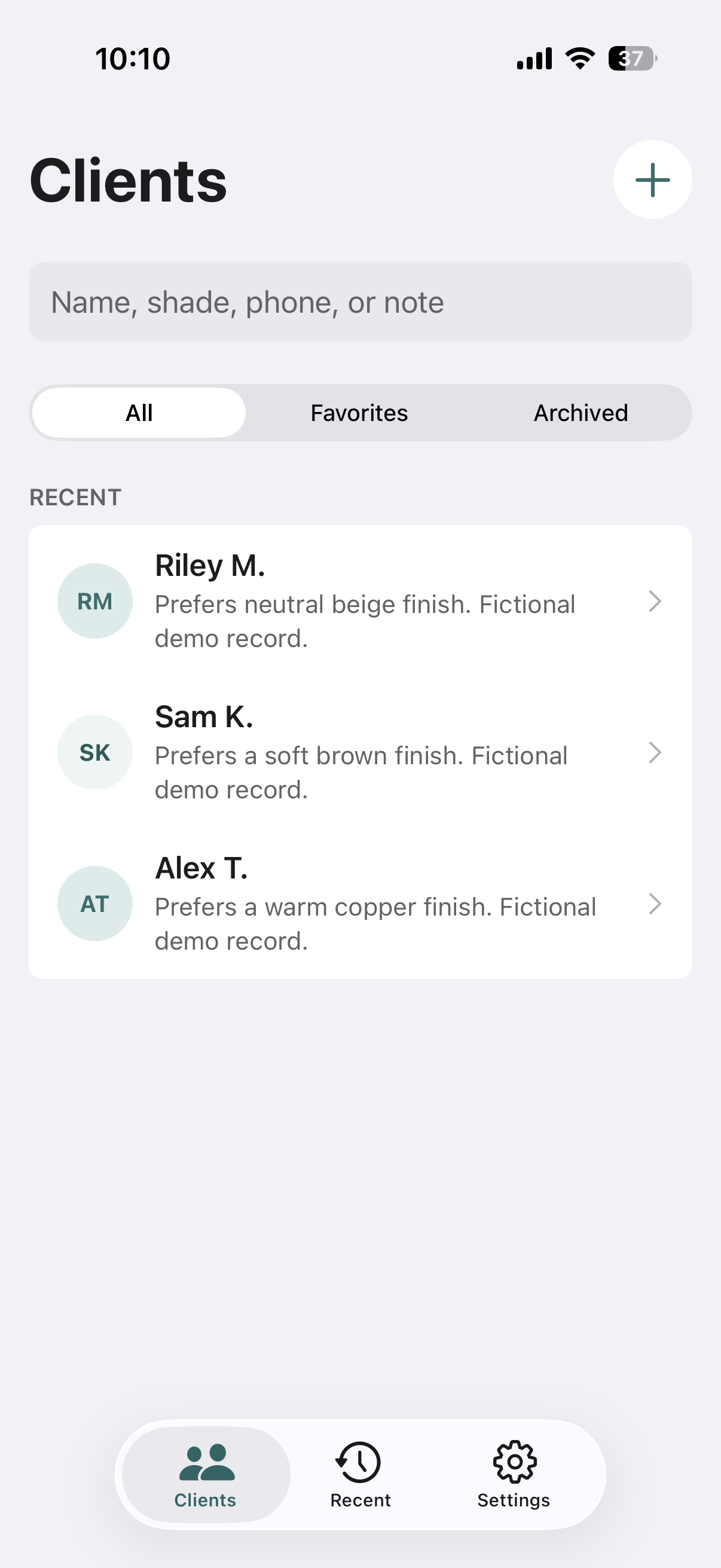 Client list with search and each Client’s latest Formula