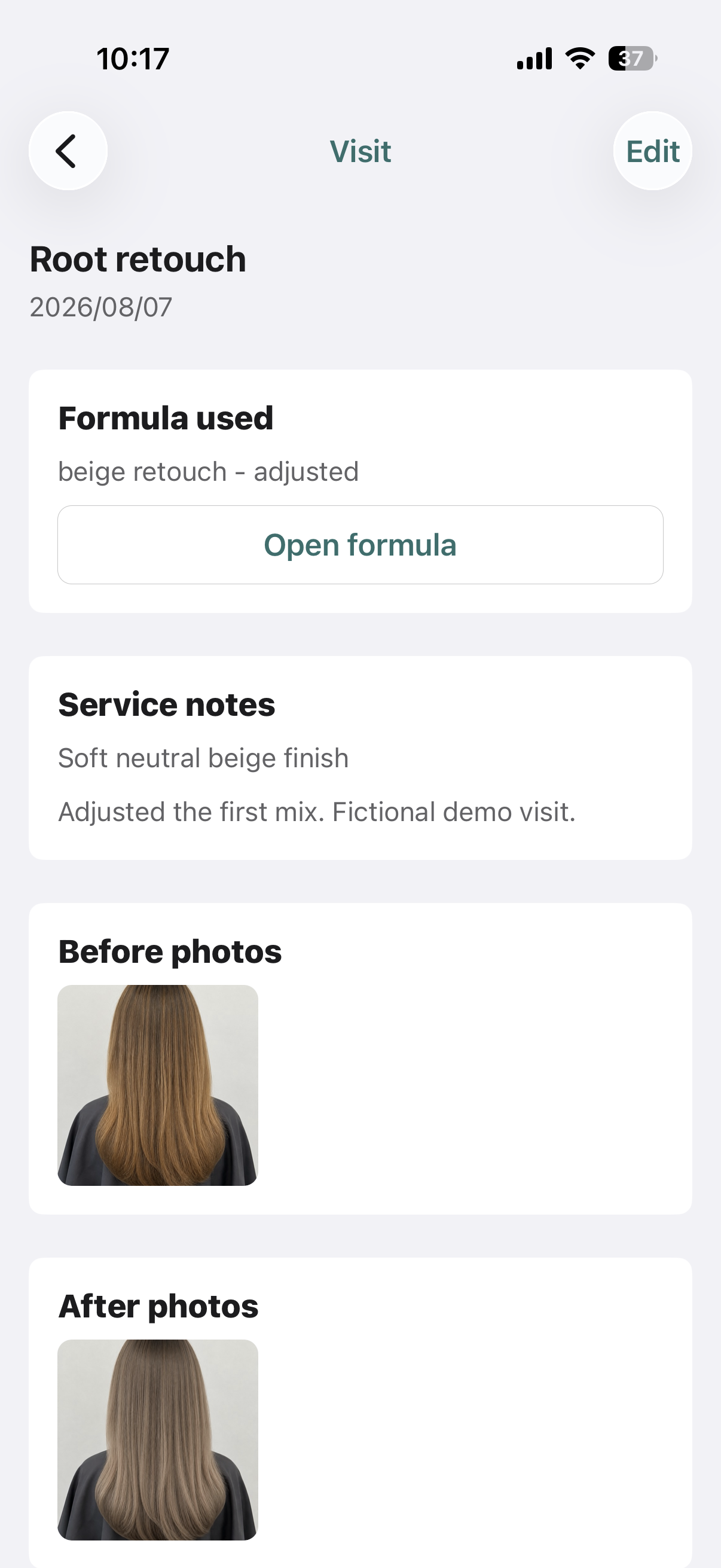 Visit record with the Formula, notes, and before-and-after photos